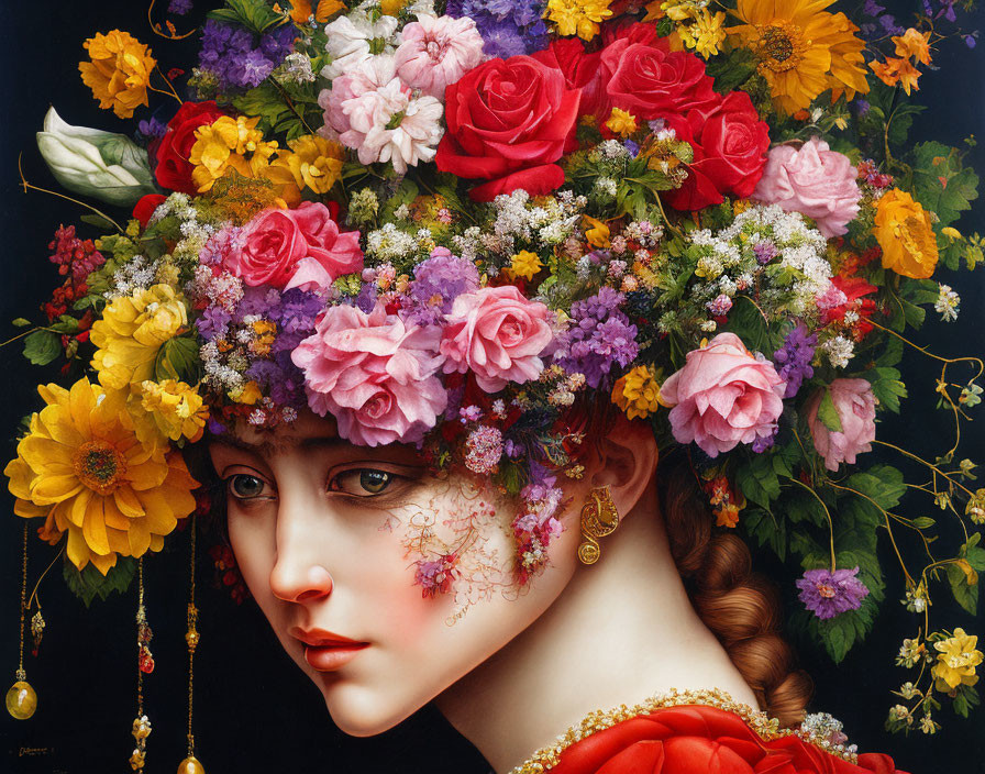 Colorful Floral Headdress Portrait Against Dark Background