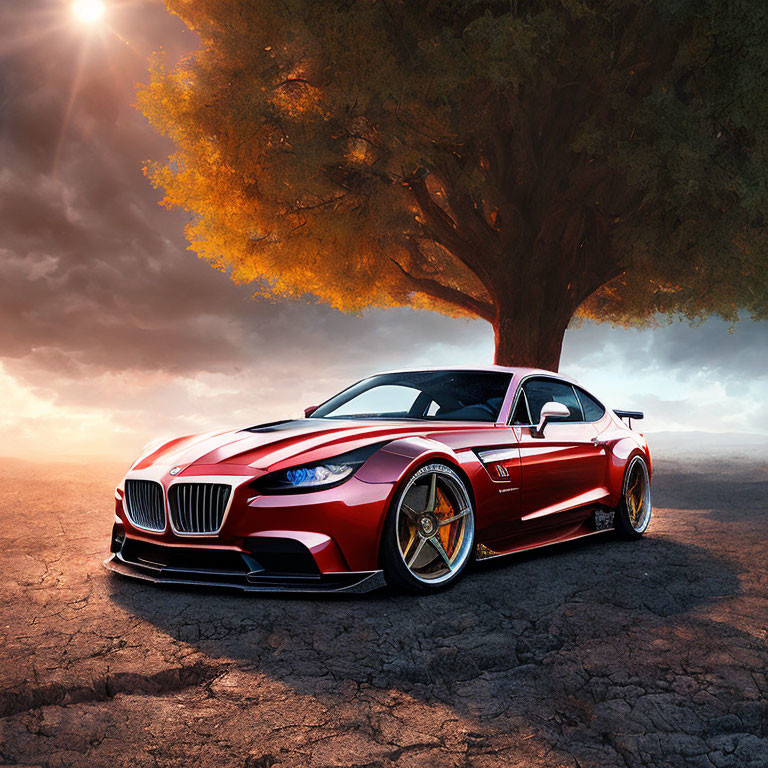 Red sports car parked under golden tree with dramatic sky and glowing sun.