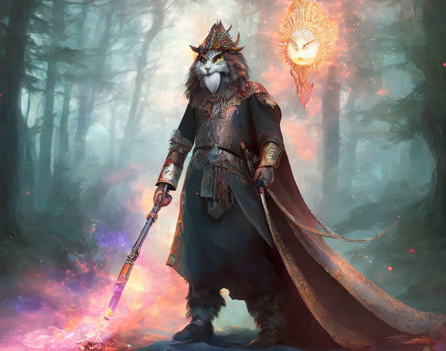 Anthropomorphic cat warrior with sword in mystical forest and luminous mask