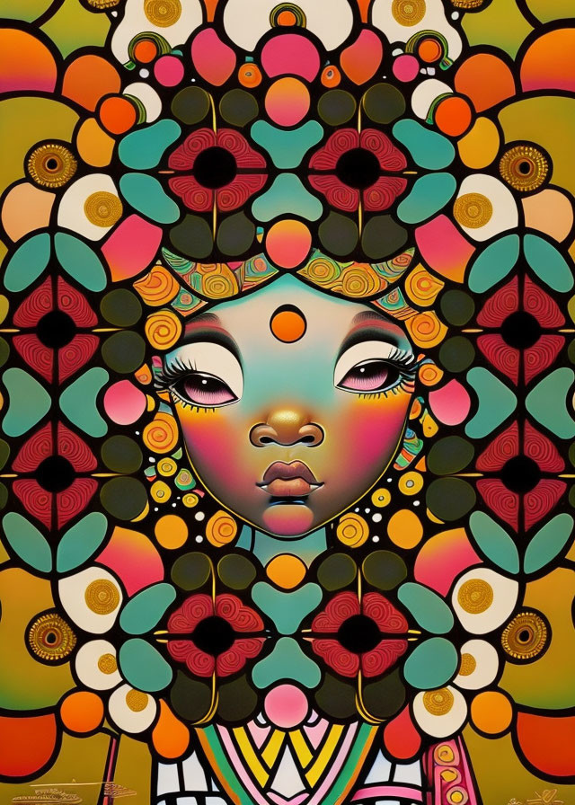 Colorful Stylized Portrait of Woman Surrounded by Patterns