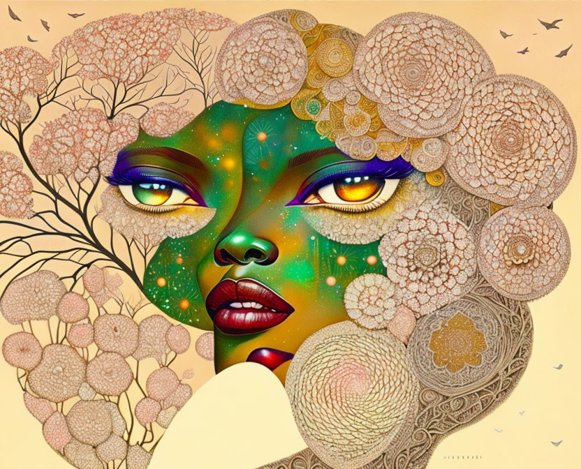 Colorful Woman Illustration with Golden Skin and Floral Patterns