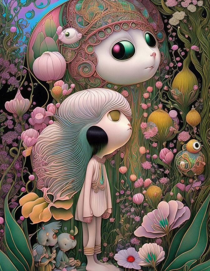 Colorful surreal artwork: whimsical characters in botanical setting