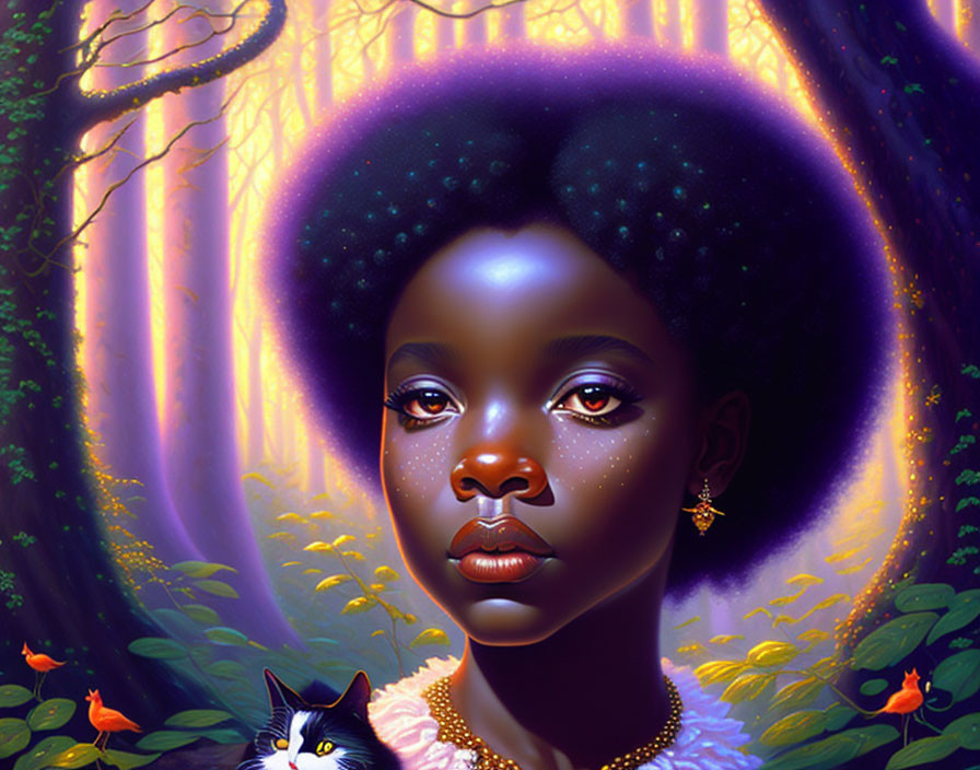 Surreal portrait of woman with star-speckled afro and cat in enchanted forest