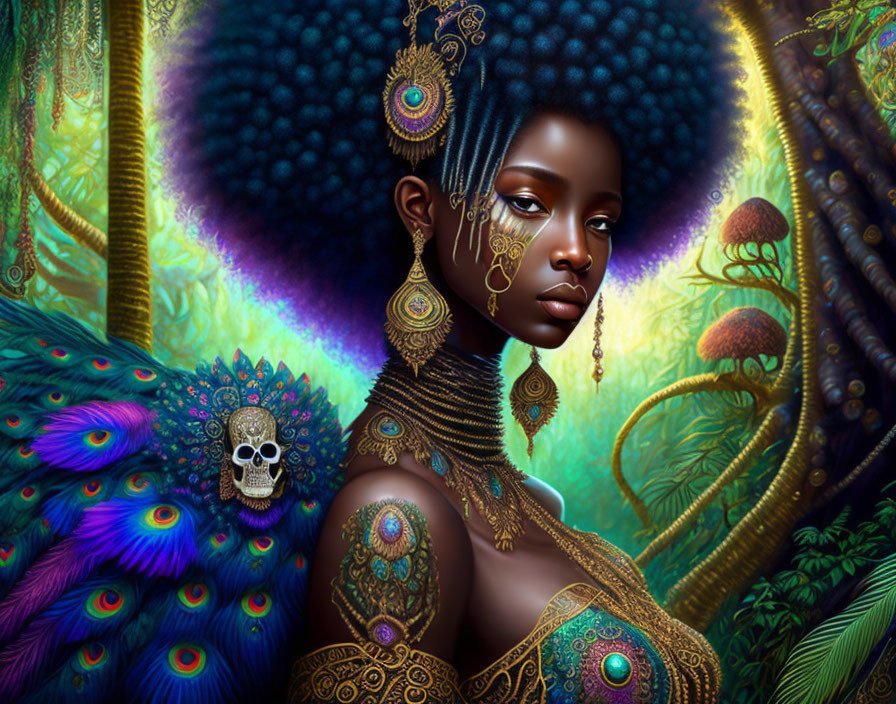 Digital Artwork: Dark-skinned woman with blue afro, gold jewelry, and peacock feathers