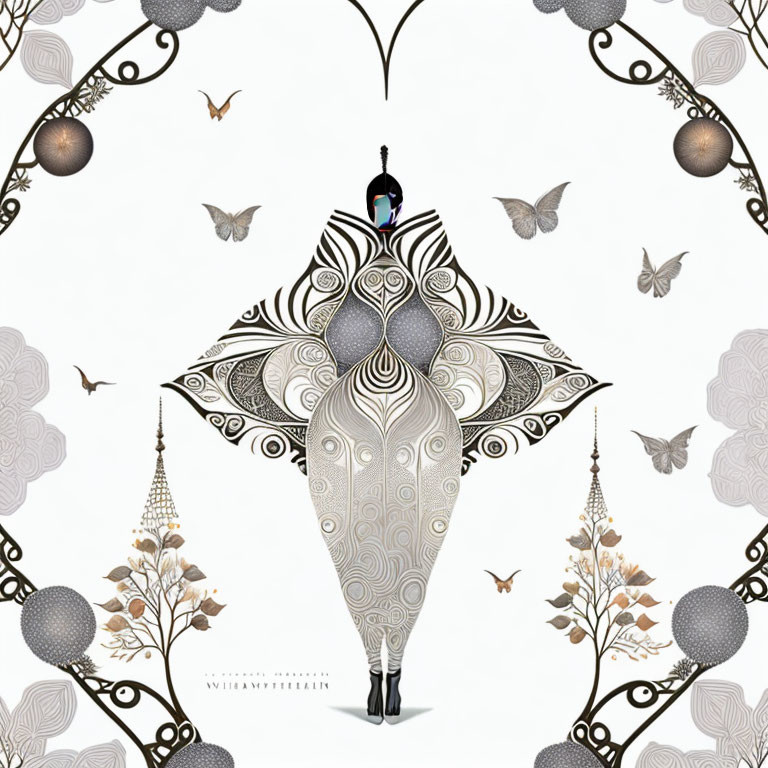 Symmetrical peacock illustration with butterflies and floral motifs