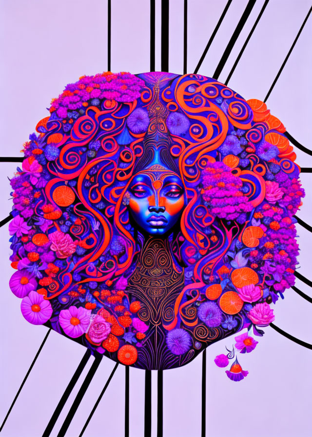Circular Artwork: Blue Female Figure Surrounded by Purple and Pink Floral Patterns