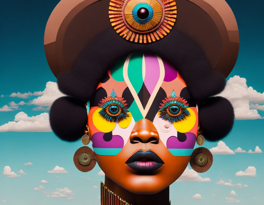 Colorful digital artwork of stylized female face with intricate eye patterns and textured headdress against sky backdrop