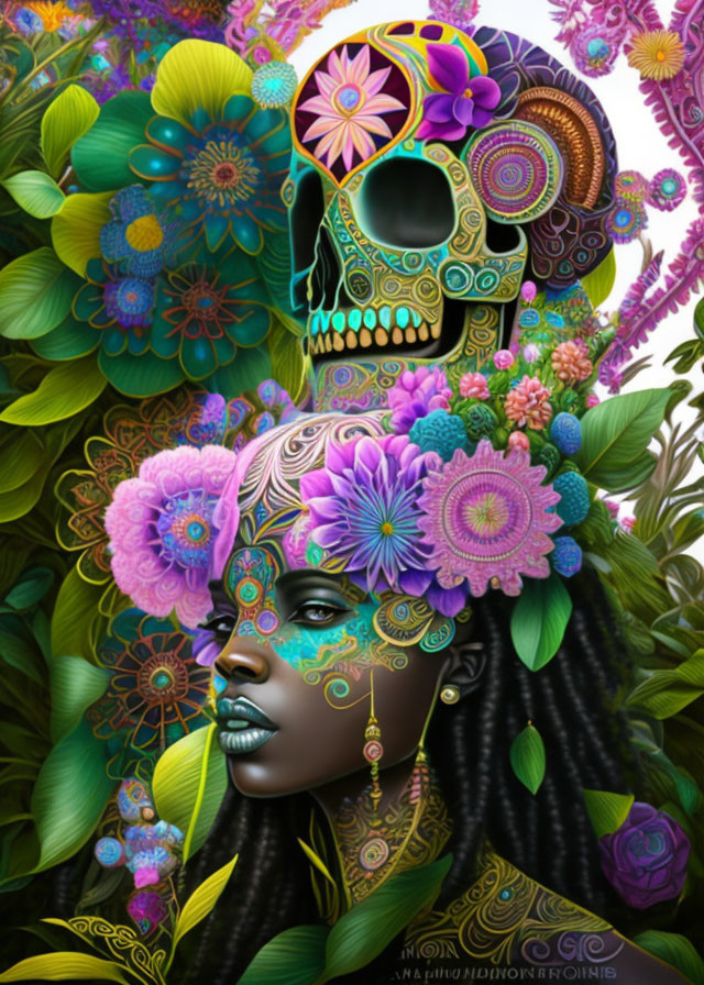 Vibrant digital artwork: Woman with dark skin and dreadlocks in floral skull design