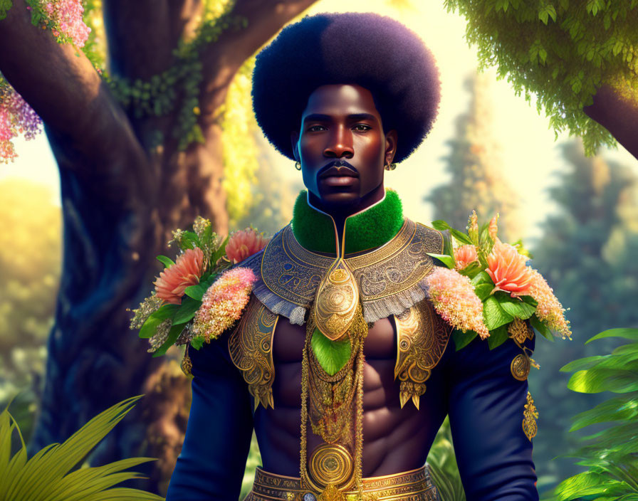 Regal figure with afro in gold-embellished jacket in lush garden