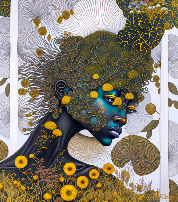 Botanic-themed stylized portrait in blue and golden tones with intricate patterns.