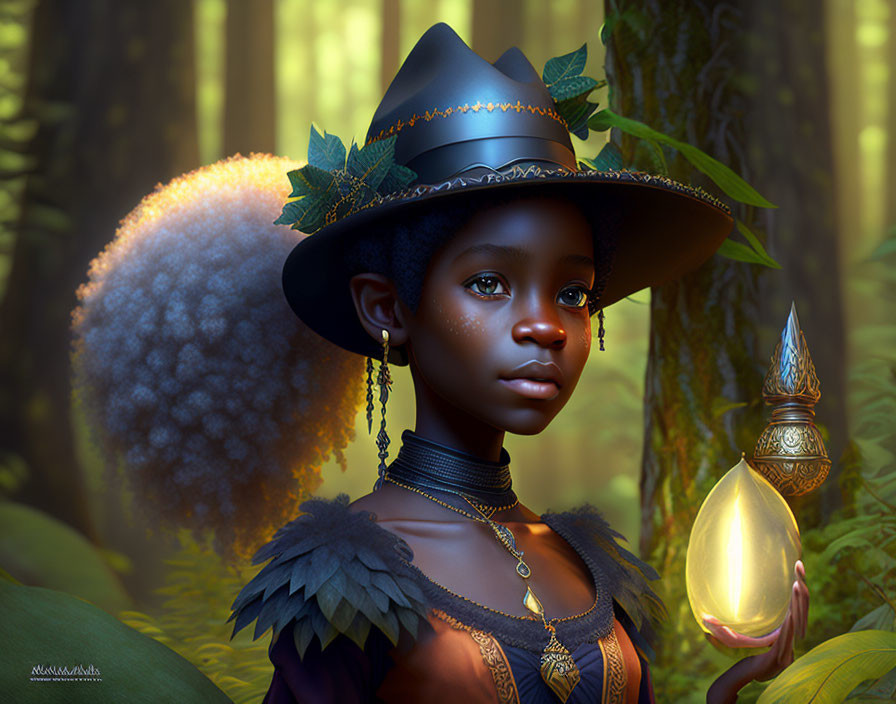 Girl in forest with luminous object, wide-brimmed hat, feathered armor, and mist