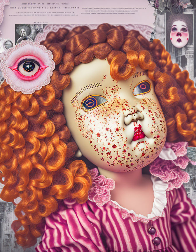 Curly Red-Haired Doll-Like Figure with One Large Eye on Forehead