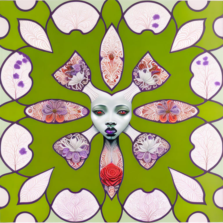 Symmetrical female face with floral and leaf patterns in green, purple, and pink