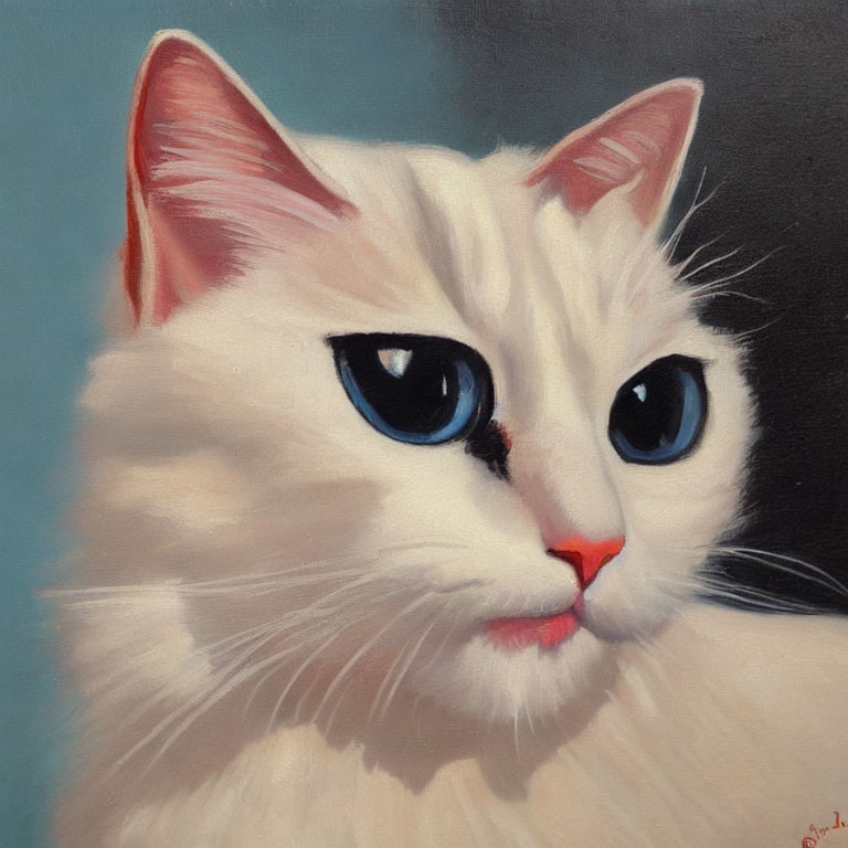 Fluffy white cat with blue eyes and pink nose on blue background