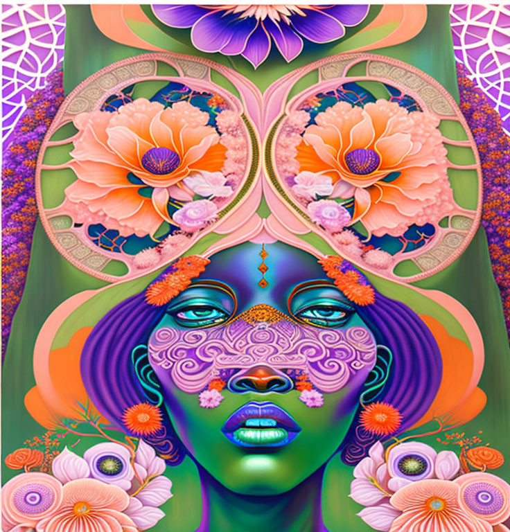 Colorful Psychedelic Artwork: Woman's Face with Third Eye & Floral Motifs