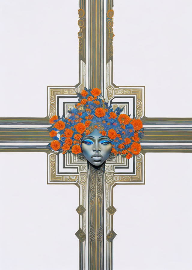 Surreal blue-skinned woman's face with orange flowers on geometric background