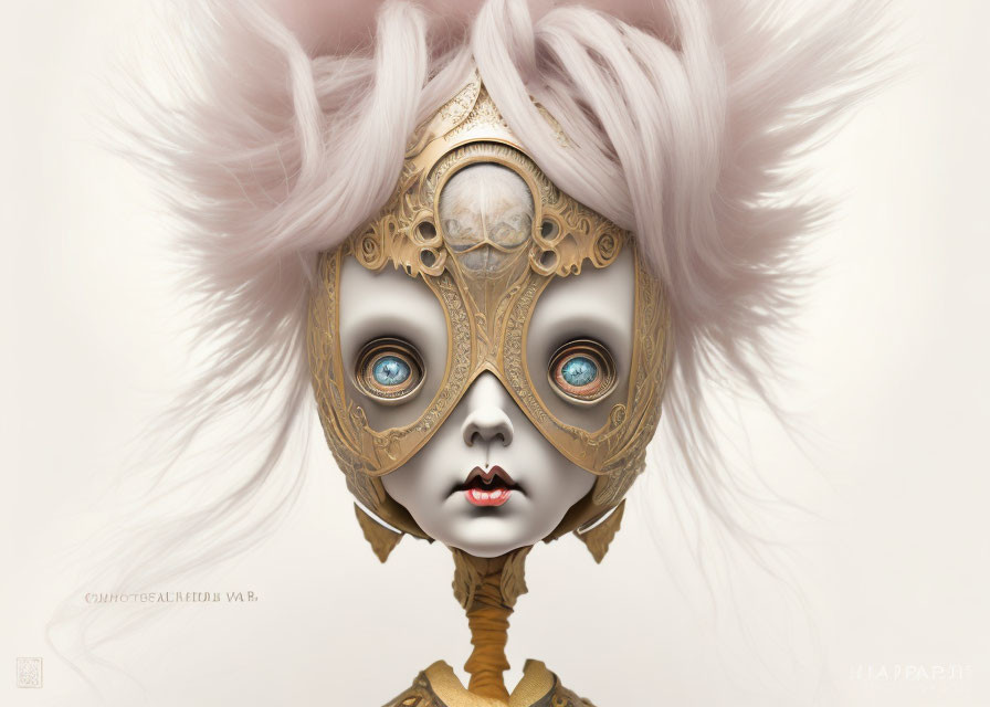 Steampunk mask with blue eyes, gold accents, white background, pink hair