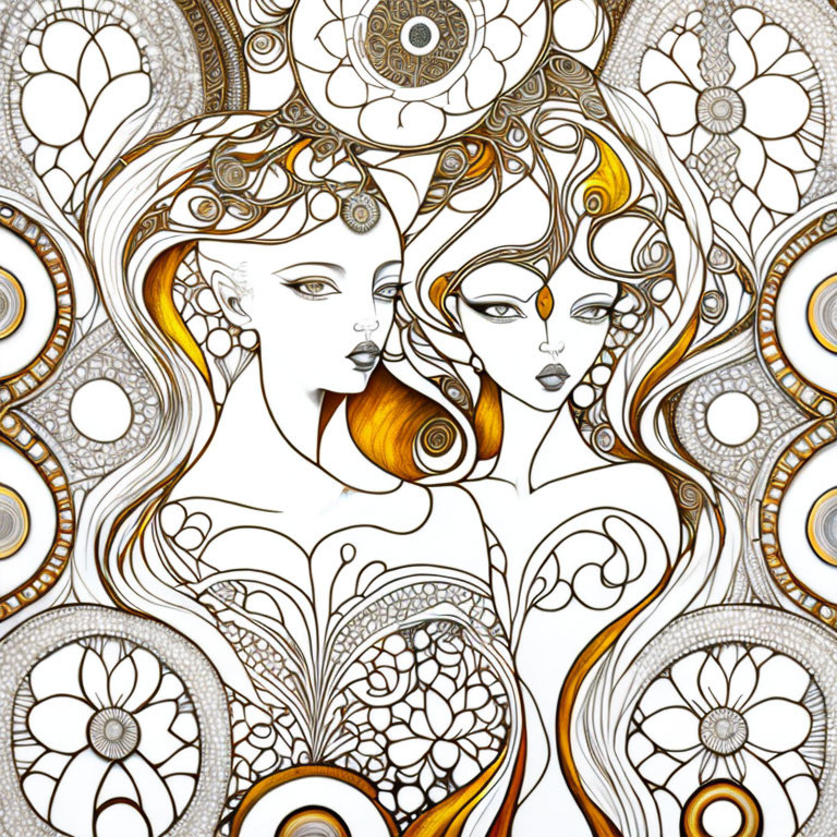 Symmetrical composition of stylized female figures with elaborate patterns and flowing hair in gold and brown tones