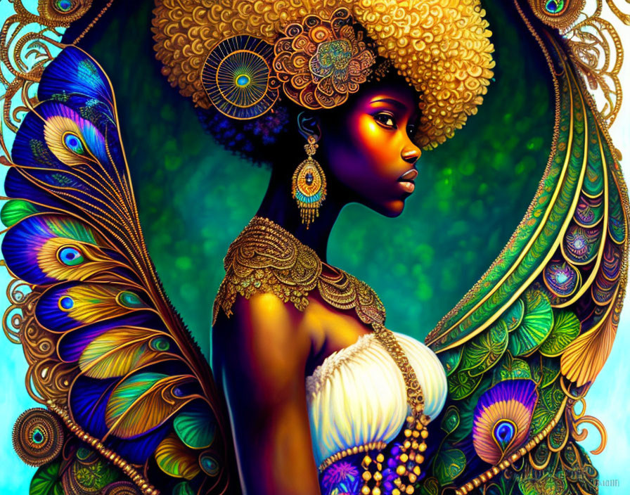 Vibrant digital art: Woman with peacock backdrop and intricate afro hairstyle