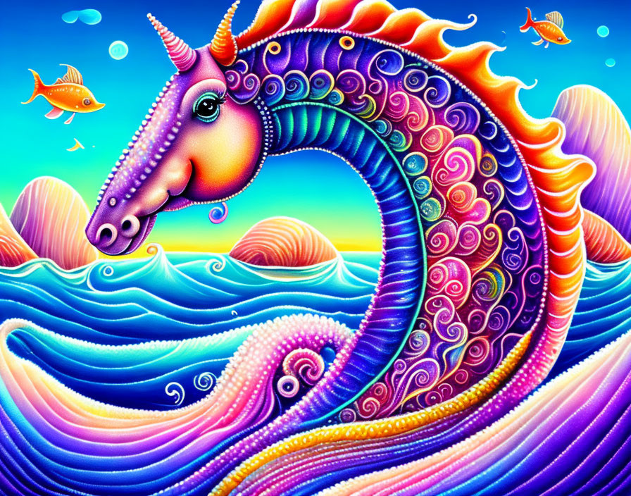 Colorful whimsical seahorse with unicorn traits in vibrant ocean scene