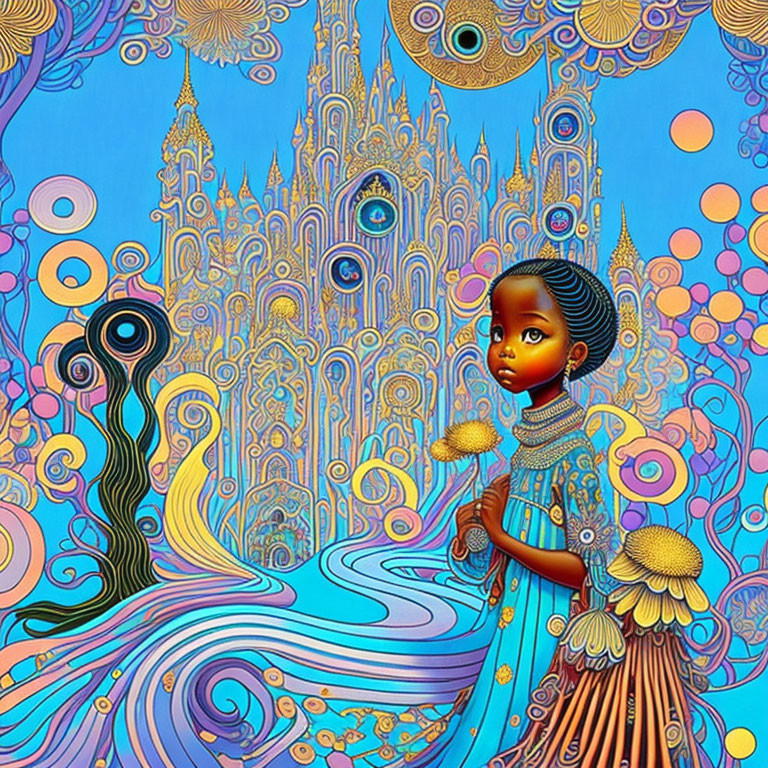 Girl in Blue Dress in Front of Surreal Colorful Backdrop