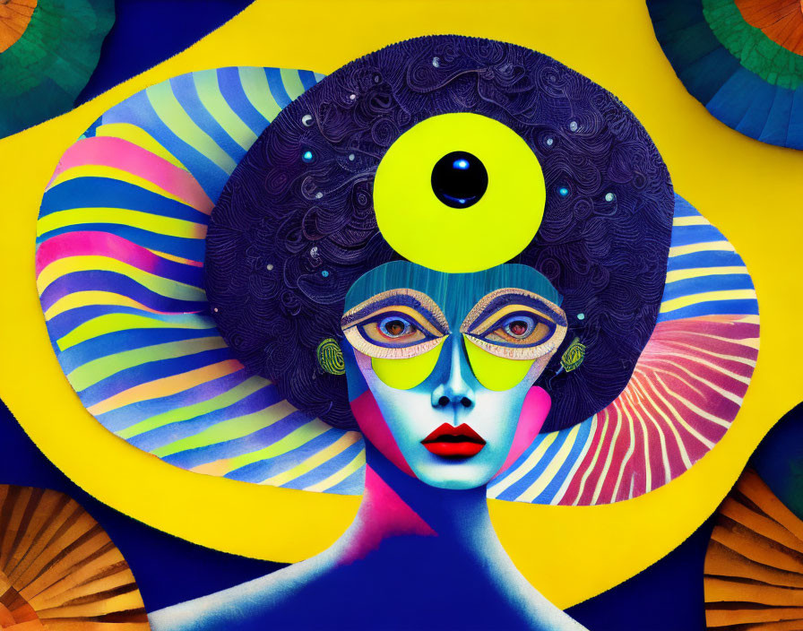 Colorful Surrealist Artwork: Female Figure with Third Eye