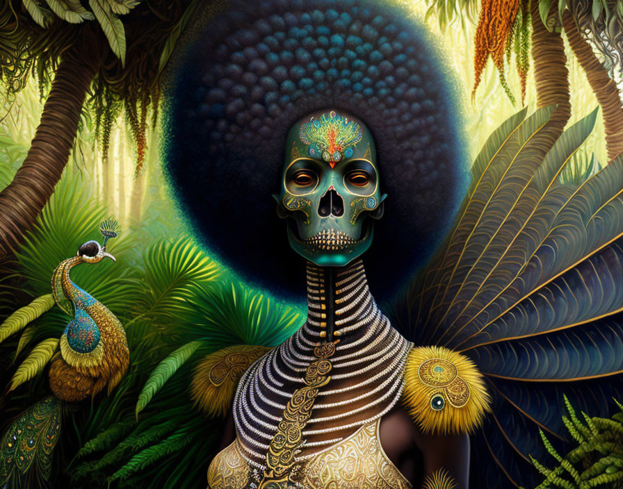 Colorful Skull-Faced Figure in Jungle Setting with Peacocks