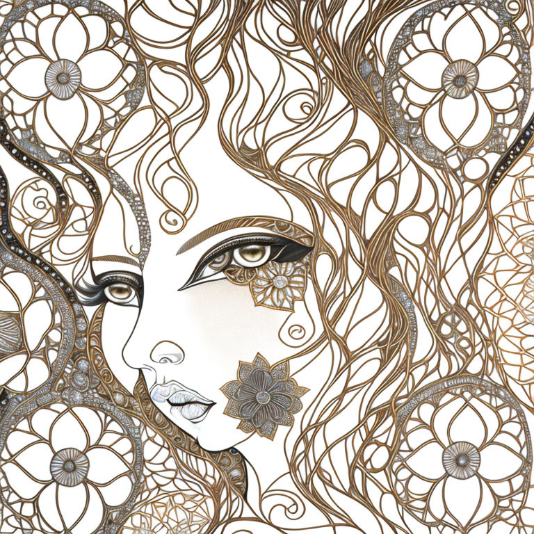 Detailed Floral Line Art of Woman's Face in Sepia Tones