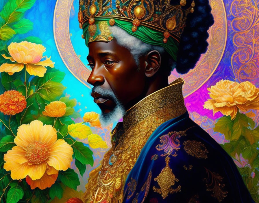 Regal man with crown and vibrant flowers on colorful background