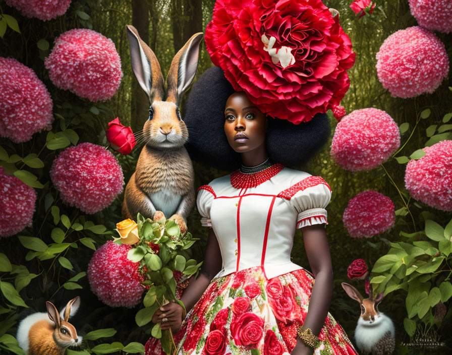 Woman in red floral outfit with flower headdress surrounded by rabbits and lush greenery.