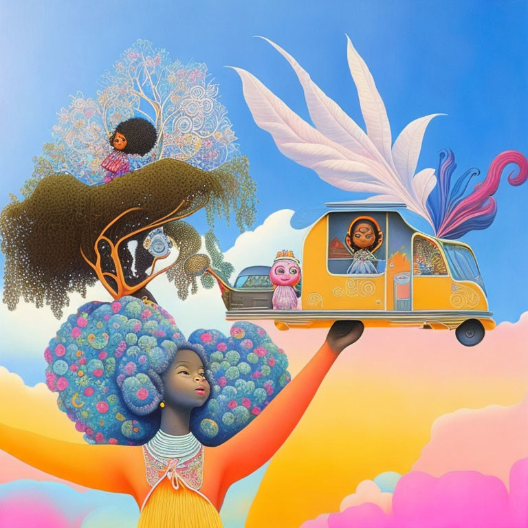 Vibrant surrealist painting: woman with tree hair, whimsical vehicle, child on tree