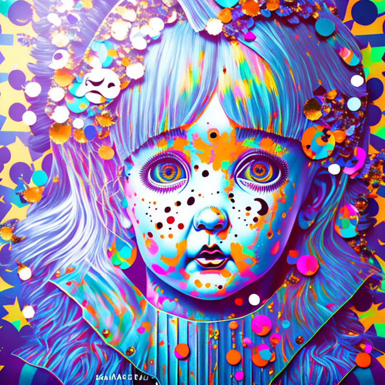 Colorful portrait of child with blue hair and face paint on psychedelic background.