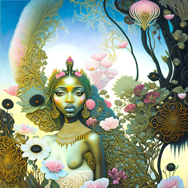 Surreal portrait of woman with golden adornments in vibrant garden