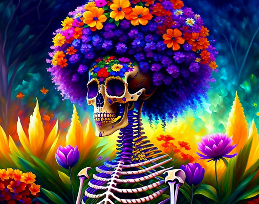 Colorful Skeleton with Floral Skull in Psychedelic Setting