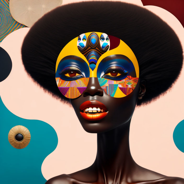 Digital artwork: Woman with African features, face paint, afro, abstract background