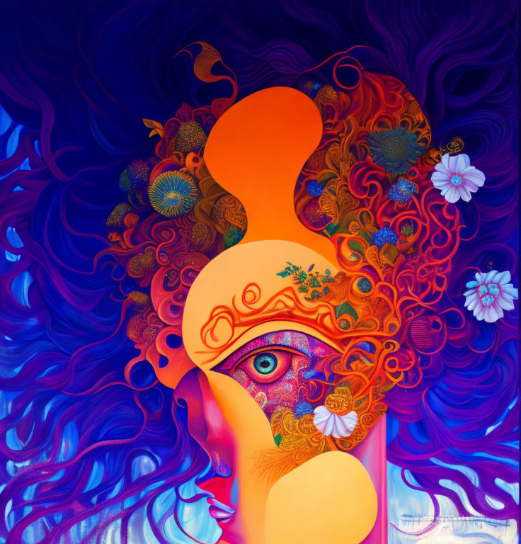 Vibrant psychedelic face profile with swirling patterns