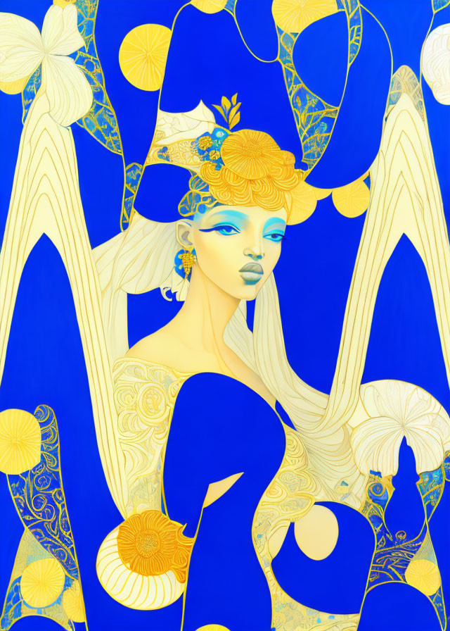 Colorful Woman Portrait with Blue and Gold Features and Floral Patterns