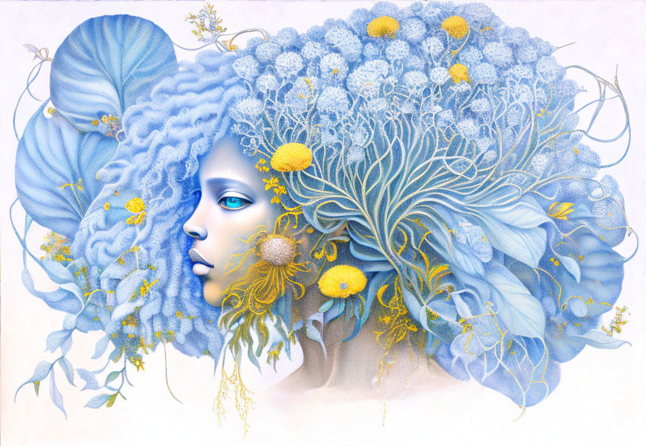 Blue-skinned woman with floral headdress in shades of blue and yellow