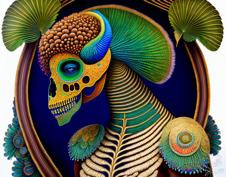 Colorful Psychedelic Skull Art with Abstract Feathers and Shells