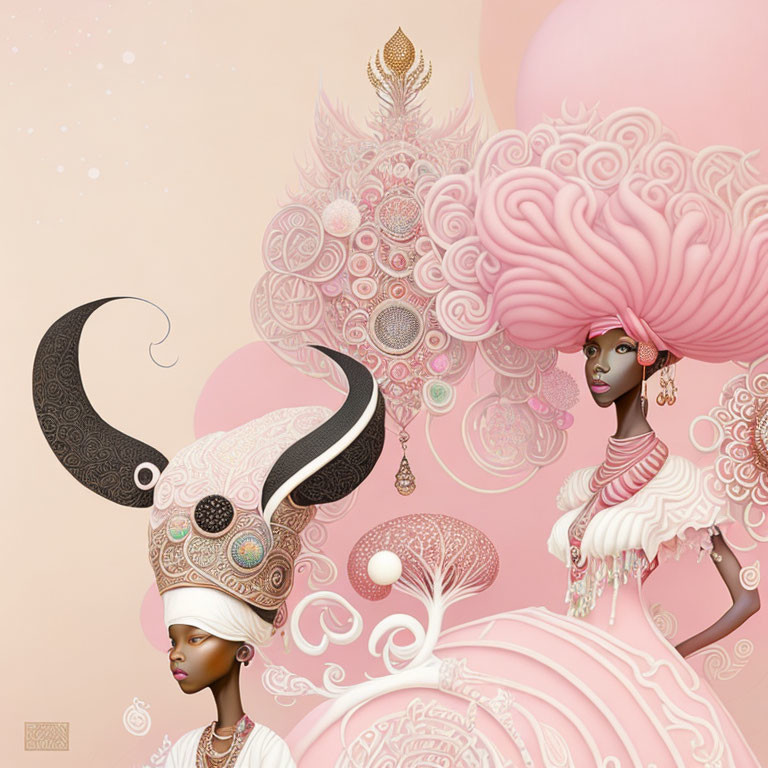 Illustration of two stylized figures with ornate horns, jewelry, and pink background.