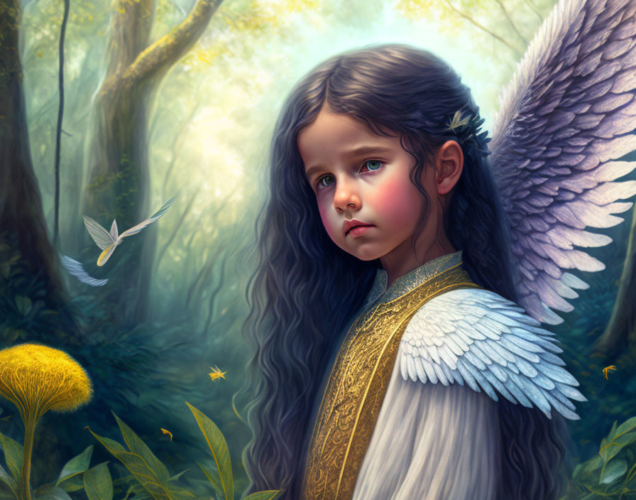 Young girl with angelic wings in mystical forest with ethereal light and fluttering bird