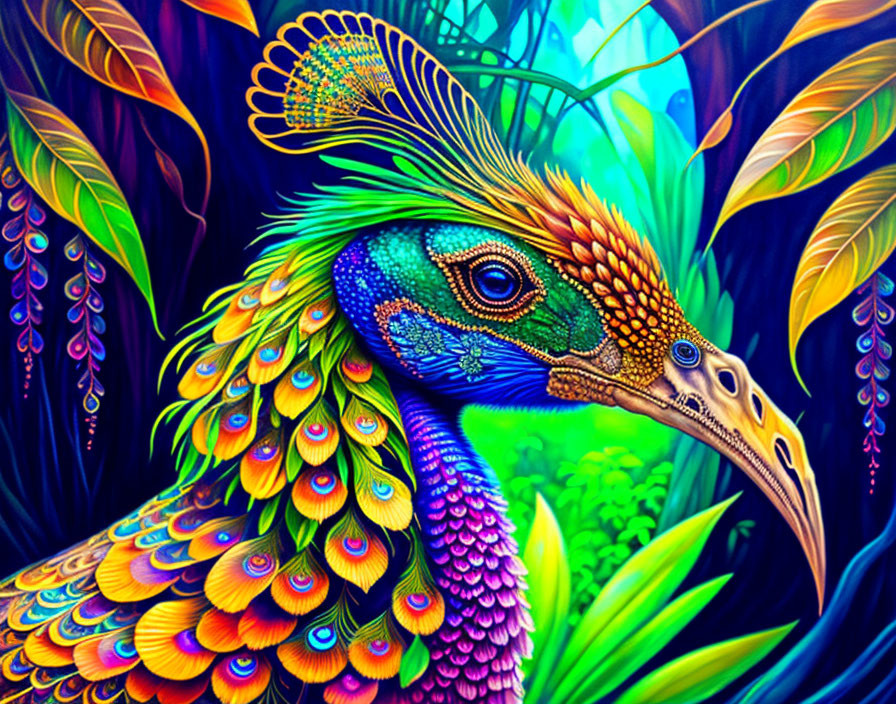 Colorful surreal peacock illustration in vibrant jungle setting