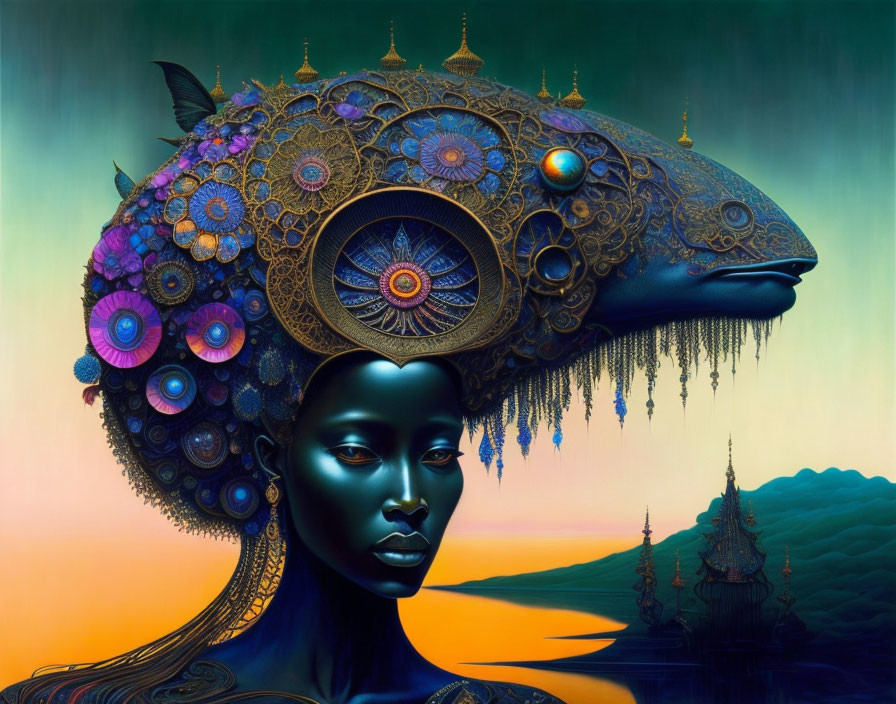 Colorful surreal portrait of a woman with ornate headdress and architectural elements