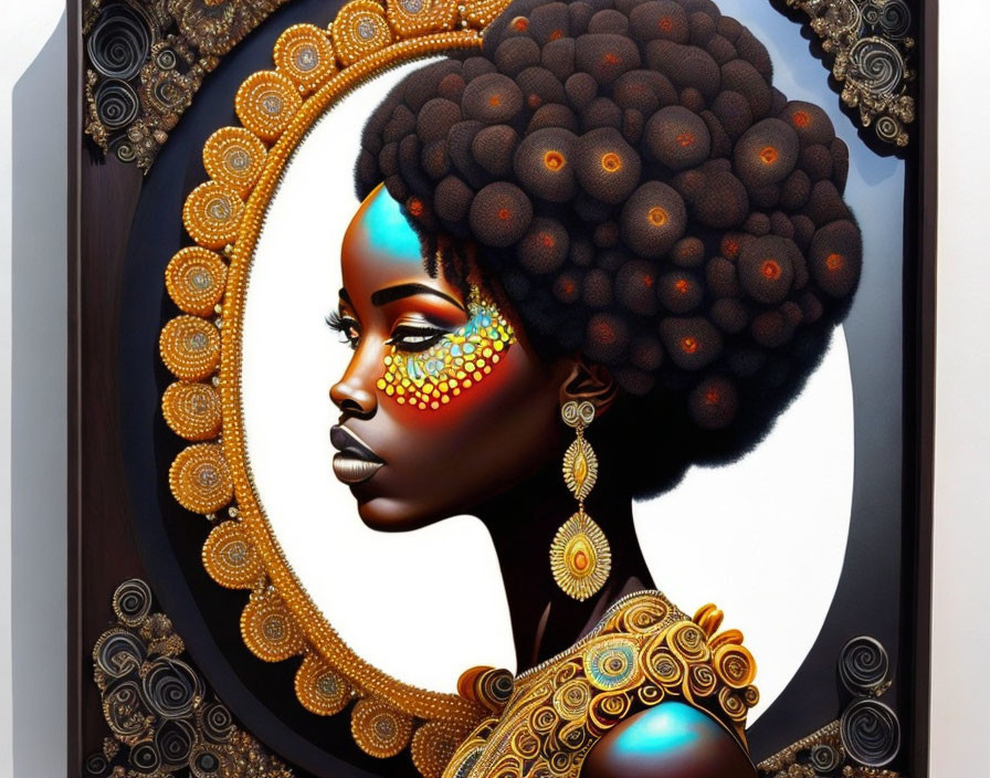 Digital Artwork: Woman with Elaborate Golden Jewelry and Colorful Face Paint