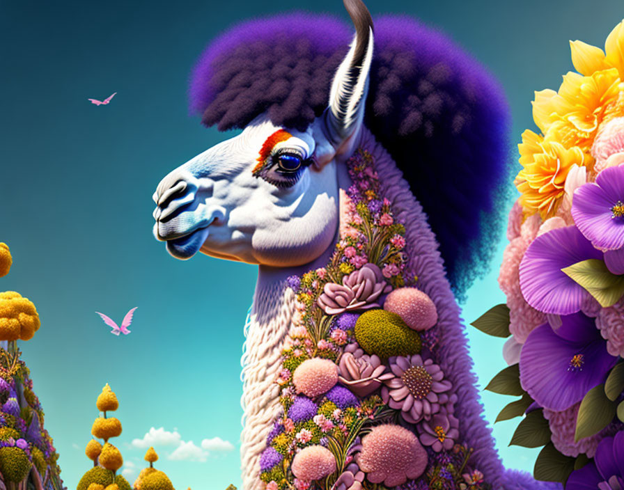 Colorful llama with flowers on a blue sky background