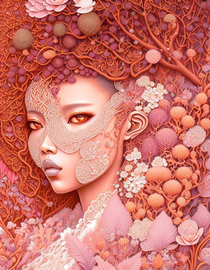 Detailed Woman Portrait with Lace Patterns & Floral Surroundings