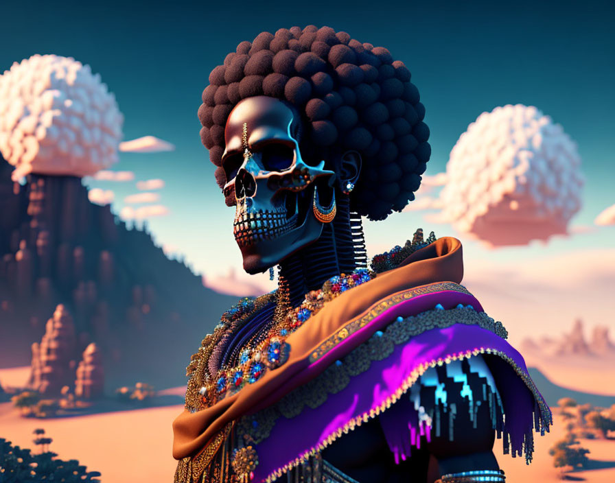 Skull-headed figure with Afro hairstyle in surreal desert scene