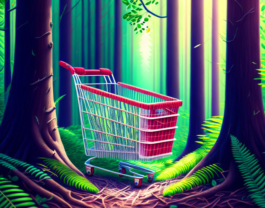 Colorful Surreal Forest Scene with Abandoned Shopping Cart