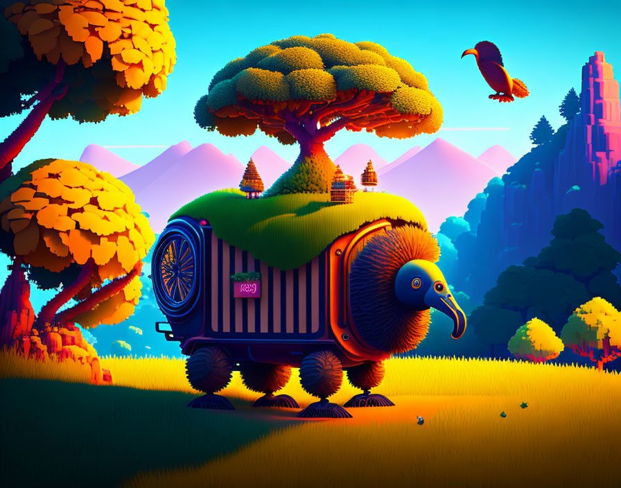 Whimsical landscape illustration with dodo bird-shaped house on wheels