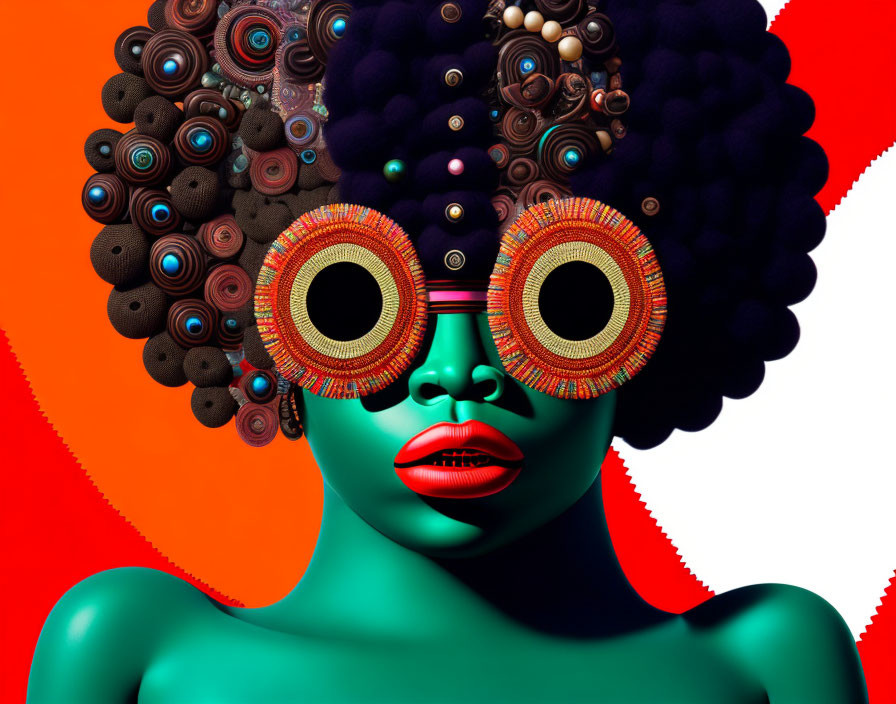 Colorful portrait of a person with green skin, circular glasses, and extravagant headdress.